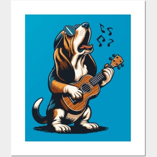 Dog Playing Guitar Singing Basset Hound Funny Posters and Art